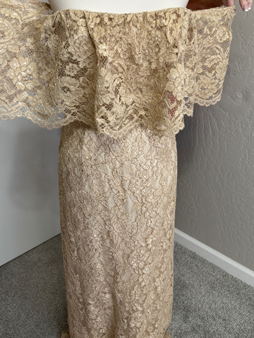 ✨ ERIN FETHERSTON Size 12 Gold Champagne Lace Off Shoulder Formal Gown